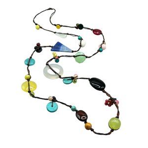 Semi Precious Stone Knotted Station Necklace Long Strand with Colorful Beads